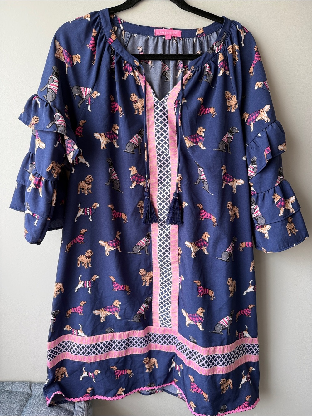 Simply Southern Navy Dress with Pink Dog Print ribbon Rick rack large